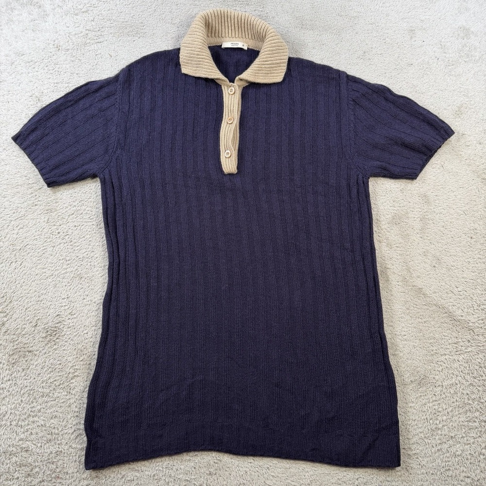 Prada Polo Sweater Mens 46 Small Navy 100% Cashmere Knit Ribbed Soft Made Italy